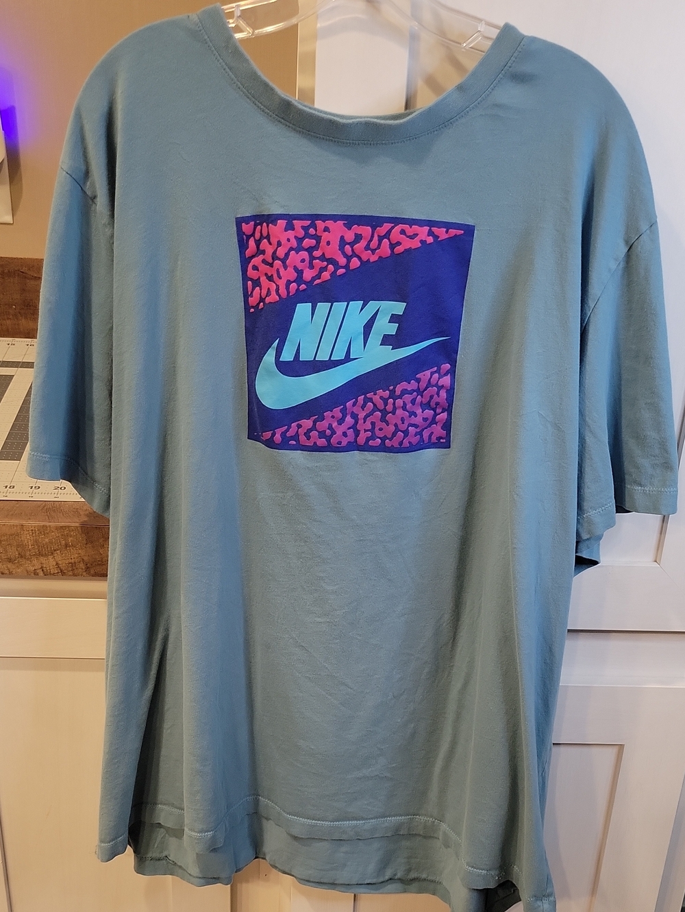 Nike Blue-Green Short Sleeve T-Shirt with Pink & Navy Graphic